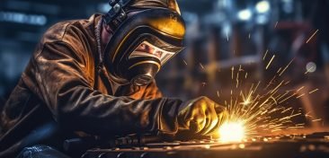 Man is working at metal factory, welding